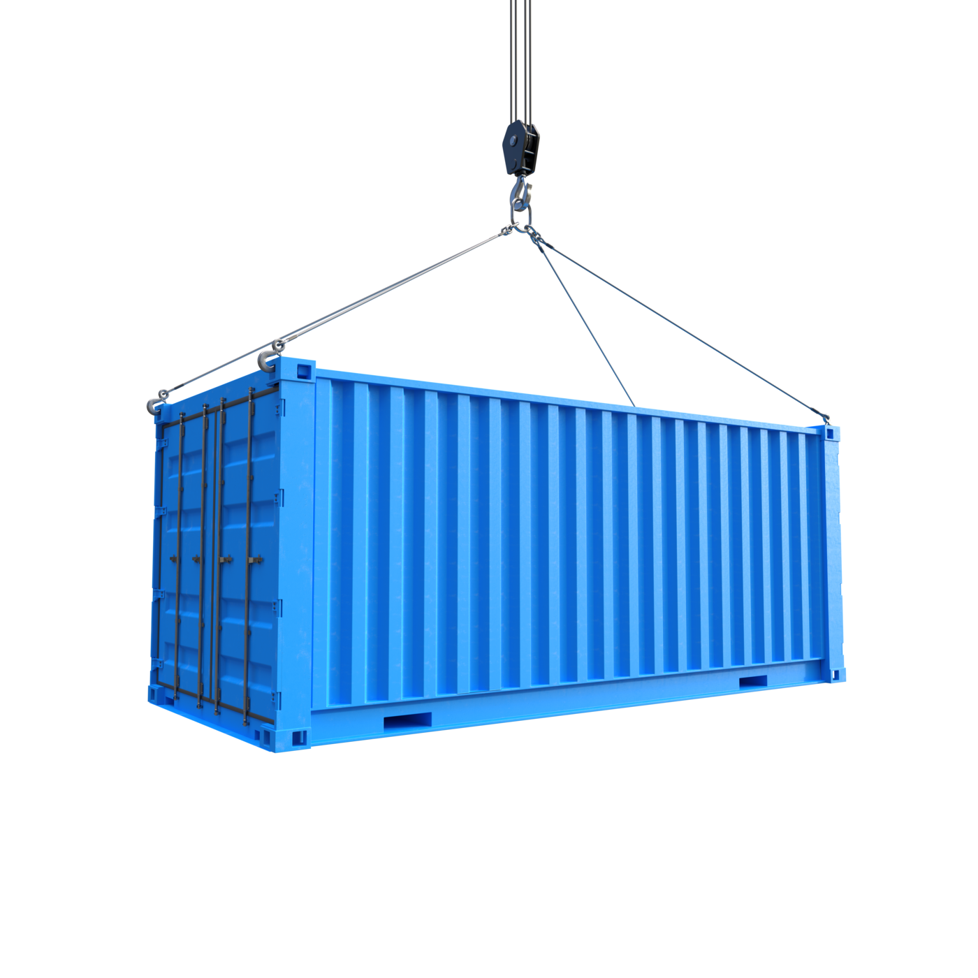 Blue steel shipping container suspended from a crane hook